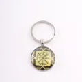 Nordic Viking Vegvisir compass keychain with protective glass dome pendant accessory - Yellow Base Viking Compass / Silver