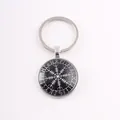 Vintage Nordic Viking Vegvisir compass keychain with black glass cabochon and runes - Vegvisir Wayfinder / Silver
