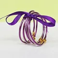 Set of 5 purple glitter silicone bangles with matching silk ribbon and gold buckle - 5 Pieces / Purple