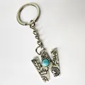 Vintage silver stainless steel keychain featuring initial W with engraved turquoise stone - Letter W