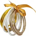 Set of 9 glitter jelly bangles in gold and silver tied with an orange ribbon bow. - 9 Pieces Set / Antique Gold, White and Rose Gold