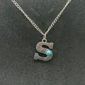 Vintage silver-tone letter S initial necklace with stamped sunflower and turquoise accent - Letter S