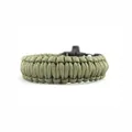 Detailed view of olive green paracord survival bracelet with tactical whistle buckle - Plastic Whistle Buckle Style / Green