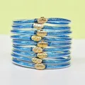 Lot de neuf bracelets à paillettes en silicone bleu avec boucles lotus dorées décoratives - Pack de 9 Pièces / Bleu lac