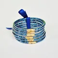 Set of 6 blue glitter silicone bangles with golden charms and ribbon bow - Sapphire Blue