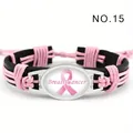 Pulsera de cuero hecha a mano sensibilización cáncer de mama con lazo rosa y cristal - Concientización Cáncer de Mama