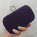 Macro detail of elegant purple velvet evening clutch bag with shiny rhinestone ring clasp - S / Purple