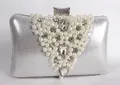 Elegant silver evening clutch bag with V-shaped pearl and crystal hand-beaded design - White
