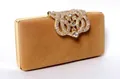 Elegant velvet clutch bag with a large rhinestone crown ornament for bridal dinners. - Camel