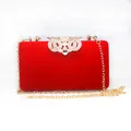 Luxury red velvet clutch bag with exquisite crown rhinestone clasp and long gold chain - Red
