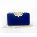 Luxury navy blue velvet evening clutch bag with rhinestone crown clasp and gold chain strap - Blue