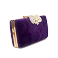 Elegant purple velvet evening clutch bag with a large rhinestone-encrusted crown clasp. - Purple