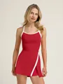 Red halter neck tennis dress with white trim and overlapping skirt, front view - S / Top And Bottom / Red