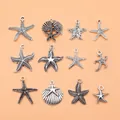 Set of 12 ancient silver starfish and seashell charms for DIY jewelry making accessories - Starfish & Shell Pendant Set(L10167) / Set of 12 / Antique Silver