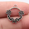 Detailed antique silver alloy floral and butterfly round pendant for DIY jewelry making - Butterfly Flower Hoop Style (B19920) / Antique Silver