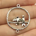 Vintage silver-tone double bird charm connector for DIY jewelry making, 33x27mm size - Bird Connector (B12475) / Antique Silver