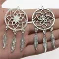 Antique silver-tone dreamcatcher pendant with feather charms for DIY jewelry making. - Dreamcatcher Shape / Antique Silver (B14117)