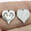 Antique silver heart charm pendant with baby footprints engraving, 21x17mm jewelry. - 10 Pieces Pack / Antique Silver