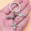 Silver-tone volleyball sports keychain with 'I Love Volleyball' heart charm - Antique Silver (XY30001)