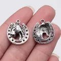 Vintage silver plated horse head horseshoe charm pendant for DIY jewelry making crafts - B15141 / Antique Silver