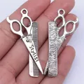 Antique silver barber scissors and comb pendant charm for DIY jewelry making accessories - Barber Scissor Comb Pendant (B10080) / Antique Silver
