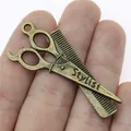 Antique bronze barber scissors and comb pendant for DIY jewelry and garment charms - Barber Scissor Comb Pendant (A10080) / Antique Bronze