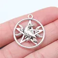 Vintage silver punk raven pendant featuring pentagram and moon design for men - Raven Pentagram Moon (B16453) / Antique Silver