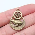 Gothic bronze raven pendant with moon and pentagram symbol for punk style jewelry making - Woven Moon Raven (A13570)