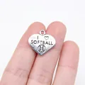 Silver heart-shaped charm with I Love Softball engraving for sports jewelry making - Antique Silver