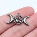 Vintage antique silver triple moon goddess pentagram charm pendant for DIY jewelry making - Gunmetal