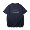 Navy blue plus size cotton T-shirt featuring reflective letter print and gold sleeve logo - XL / Tops / Navy Blue