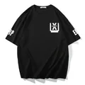 Plus size loose fit black T-shirt with white graphic print on chest and sleeves. - 2XL / Tops / Black