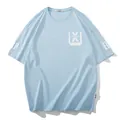 Streetwear plus size light blue t-shirt with loose fit and white graphic print - 2XL / Tops / Sky Blue