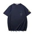 Fashionable dark blue plus size loose fit printed T-shirt with gold foil detail - XL / Tops / Navy Blue