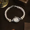 Elegante reloj ovalado de plata con pulsera de perlas naturales dobles - Reloj de Perla Natural Circonia (GB1462)
