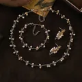 Elegant jewelry set with natural pearls and clear glass beads including necklace and bracelet - Original Jewelry Trio / Natural Pearl Glass Earrings + Bracelet + Necklace
