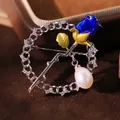 Exquisite blue rose brooch featuring natural pearl and shimmering zircon stones for women - Blue Rose (GO0005)
