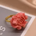 Elegant handcrafted pink rose flower carved adjustable ring in a gold-plated finish - Coral Pink Style