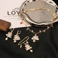 Handmade vintage baroque pearl Christmas tree jewelry set with gold star charms - White Christmas 3-Piece Set