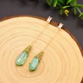 Elegant vintage 925 silver long drop earrings with raw green crystal and gold chain - Green