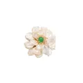 Handmade baroque freshwater pearl flower brooch with green stone center - Green Stone Style / Green