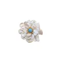 Handmade baroque freshwater pearl flower brooch with turquoise center - Blue Stone Style / Blue