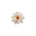 Elegant handmade baroque pearl flower brooch with red bead center on white background - Red Stone Style / Red