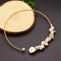Handmade vintage freshwater pearl choker necklace with 18k gold plated wire for women - Mixed Material Flower Style
