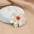 Elegant natural freshwater pearl flower brooch for women with a red center bead - Three-Layer Pearl Red Stone Style (GO0332C)
