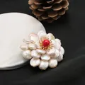 Elegant natural freshwater pearl flower brooch with red center bead for women jewelry - Three-Layer Pearl Center Red Stone Style (GO0332C)