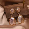 Elegant handmade Baroque pearl drop earrings with gold wire wrap design for women - Gold Wire Wrapped Baroque Earrings / Purple Round Square Baroque Pearl