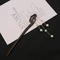 Elegant wooden hair stick with natural pearl tassels designed for Hanfu hairstyle decor - Sandalwood Pearl Tassel