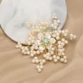 Handmade natural freshwater pearl flower brooch with gold wire and turquoise accent - White Turquoise Snowflake Style (GO0332C)