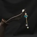 Vintage wooden hair stick with pearl tassel and cloisonné lotus in Chinese style - Cloisonné Lotus Tassel Style